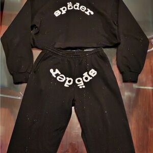 sp5der rhinestone hoodie SET black